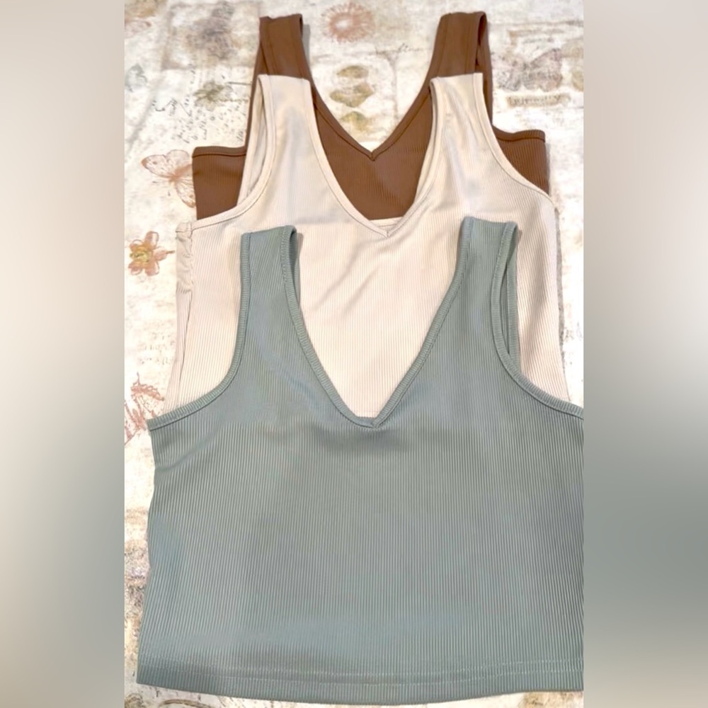 Set of 3 Small Cropped V-Neck Tank Tops - Sage, Cream & Brown